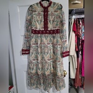 Floral Embroidered Dress with Burgundy Accents